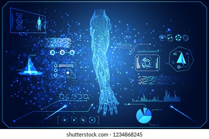 Abstract technology AI arm digital artificial intelligence concept Machine in Human for  treatment about health medical science medicine. Example Arm Machine are linkage with Human Arm. Interface HUD.