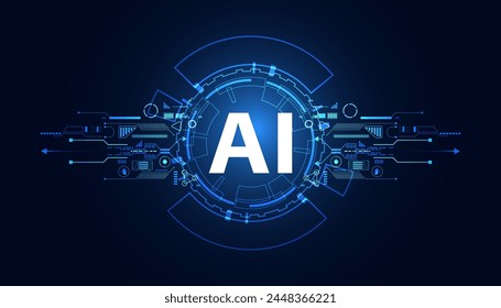 Abstract technology Ai computing chipset on circuit board concept working data of Artificial intelligence and futuristic digital for future on dark blue background.	