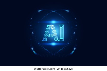 Abstract technology Ai computing chipset on circuit board concept working data of Artificial intelligence and futuristic digital for future on dark blue background.	