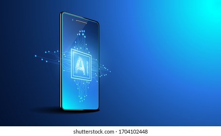 Abstract technology Ai computing and smartphone concept working data of Artificial intelligence and futuristic digital for future on dark blue background.