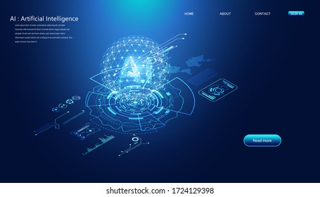 Abstract Technology Ai Interface Computing Concept Working Data Of Artificial Intelligence And Futuristic Digital For Future On Dark Blue Background.
