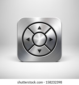 Abstract technology app icon with arrows, metal texture (stainless steel, chrome, silver), realistic shadow and light background for internet sites, web user interfaces (UI) and applications (apps).