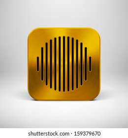 Abstract technology app icon, button template with circle perforated speaker grill pattern, gold metal texture (chrome, silver, steel) and realistic shadow for interfaces (UI) and applications (apps).