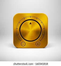 Abstract technology app icon, button template volume knob (music, sound control), gold metal texture (steel, chrome), realistic shadow and light background for user interfaces (UI) and applications.