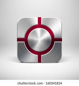 Abstract technology app icon, button template with maroon (dark red) metal texture (chrome, silver, steel), realistic shadow and light background for user interfaces (UI) and applications (apps).