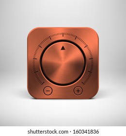 Abstract technology app icon, button template volume knob (music, sound control), bronze metal texture (copper), realistic shadow and light background for user interfaces (UI) and applications.