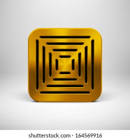 Abstract technology app icon, button template with circle perforated speaker grill pattern, gold metal texture (chrome, silver, steel) and realistic shadow for interfaces (UI) and applications (apps).