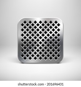 Abstract technology app icon, button template with square perforated speaker grill pattern, metal texture (chrome), realistic shadow and light background for interfaces (UI) and applications (apps).