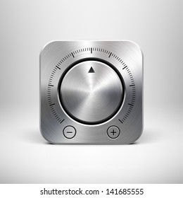 Abstract technology app icon with music button (volume, sound control knob), metal texture (stainless steel, chrome, silver), shadow and light background for web user interfaces (UI) and applications.