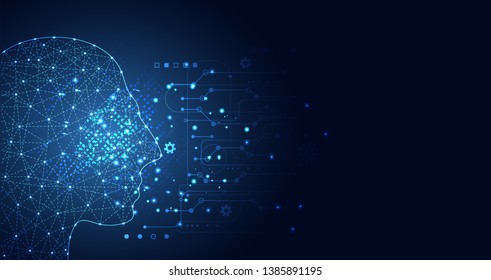 Abstract Technology Artificial intelligence concept Big data digital Human head in robot and digital computer with circuit board and binary data on blue background.Vector illustration.