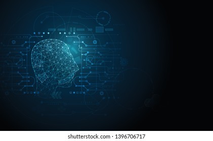 Abstract Technology Artificial intelligence concept Big data digital Human head in robot and digital computer with circuit board and binary data on blue background.Vector illustration.