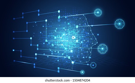 Abstract Technology Artificial intelligence concept Big data digital Human head in robot and digital computer with circuit board and binary data on blue background.Vector illustration.