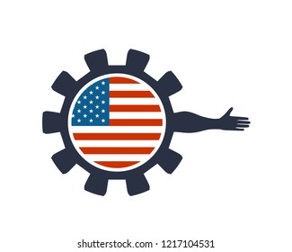 Abstract technology assistant emblem. Human arm and cog wheel with flag of the USA