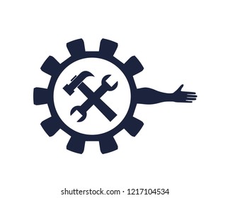 Abstract technology assistant emblem. Human arm and cog wheel with wrench and hummer silhouettes