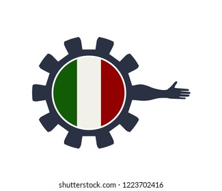 Abstract technology assistant emblem. Human arm and cog wheel with flag of the Italy