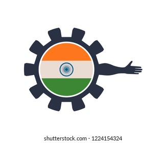 Abstract technology assistant emblem. Human arm and cog wheel with flag of the India