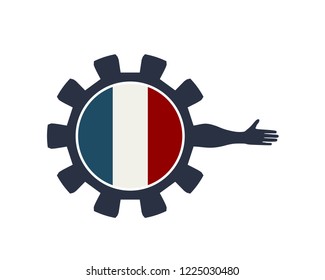 Abstract technology assistant emblem. Human arm and cog wheel with flag of the France