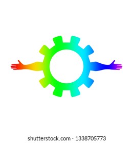 Abstract technology assistant emblem. Human arms and cog wheel.