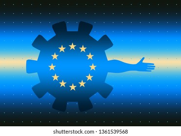 Abstract technology assistant emblem. Human arm and cog wheel with flag of the European Union