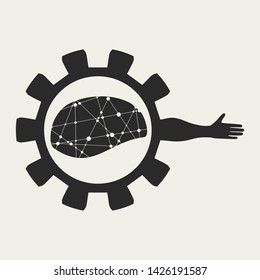 Abstract technology assistant emblem. Human arm and cog wheel with brains silhouette