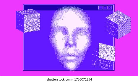 Abstract technology background with 3D face mask and user interface elements in pixel art style. Conceptual illustration of Artificial intelligence in vaporwave and retrowave 8-bit style.