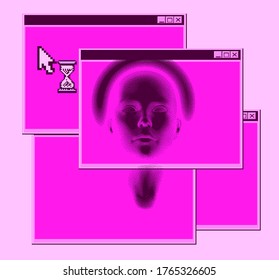 Abstract technology background with 3D face mask and user interface elements in pixel art style. Conceptual illustration of Artificial intelligence.