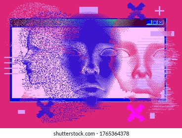 Abstract technology background with 3D face mask and user interface elements in pixel art style. Conceptual illustration of Artificial intelligence.