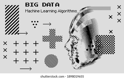 Abstract technology background with 3d face mask made of particles. Conceptual illustration of Artificial intelligence.