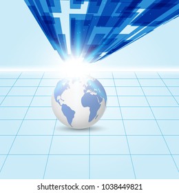 Abstract technology background with 3D globe on blue background. Vector illustration