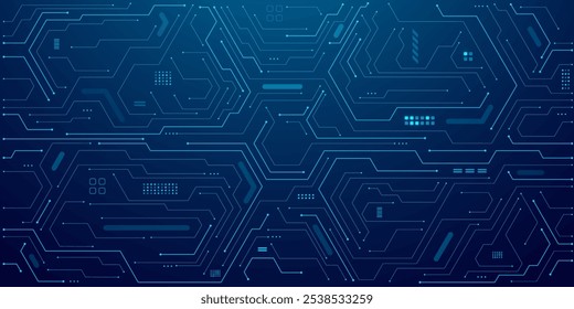 Resumo da tecnologia. Placa de circuito AI com elementos eletrônicos em azul elétrico em tecnologia bg. Chip ou semicondutor de inteligência artificial com linha conectada. Ilustração vetorial digital.