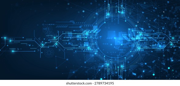 Abstract technology background, arrows, glowing lines, interconnected elements, digital grid, data flow, science.