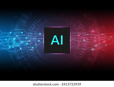 Abstract Technology Background Artificial Intelligence Future innovation The microchip in the bottom center has a tech circle on the left, a circuit pattern on the right, lines and light circles.