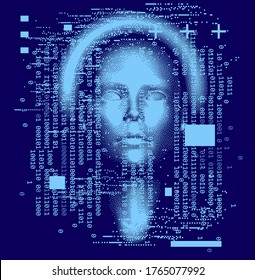 Abstract technology background with binary code and 3d face mask. Conceptual illustration of Artificial intelligence.