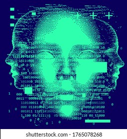Abstract technology background with binary code and 3d face mask. Conceptual illustration of Artificial intelligence.