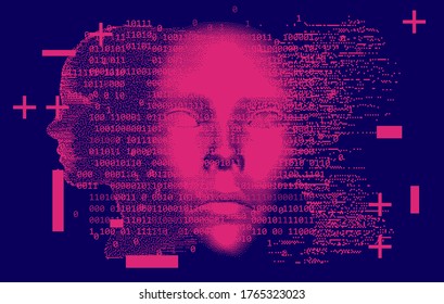 Abstract technology background with binary code and 3d face mask. Conceptual illustration of Artificial intelligence in vaporwave and retrowave 8-bit style.