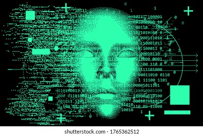Abstract technology background with binary code and 3d face mask. Conceptual illustration of Artificial intelligence.