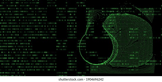 Abstrakter Technologie-Hintergrund mit binärem Code und Maschen aus Partikeln. Glitzter Computerbildschirm mit wissenschaftlichen Zeichnungen. 