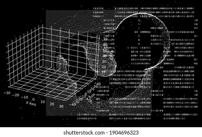 Abstrakter Technologie-Hintergrund mit binärem Code und Maschen aus Partikeln. Glitzter Computerbildschirm mit wissenschaftlichen Zeichnungen. 