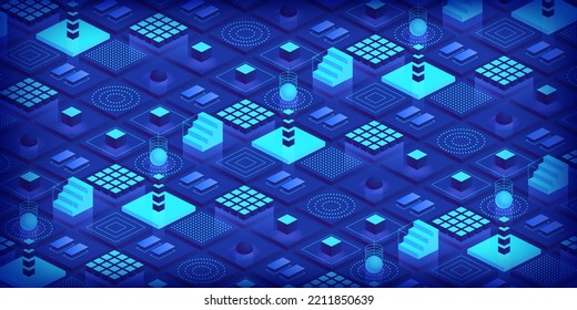Resumen tecnología fondo Banner concepto Blockchain Información futurista Bloques digitales isométricos conexión entre sí y forma la cadena criptográfica Transferir la ilustración de big data Vector