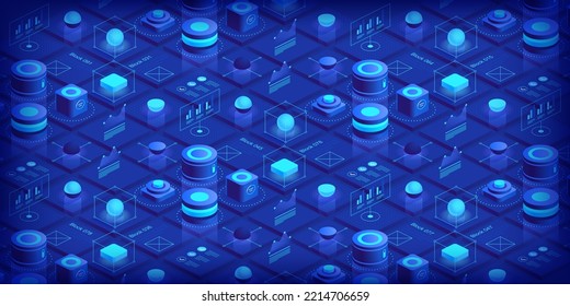 Abstract technology background. Blockchain concept banner. Isometric digital blocks connection with each other crypto chain. Blocks and cubes engineering innovations design. Vector illustration