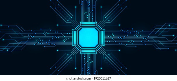 Abstract Technology Background, blue circuit board and microchip, digital power line