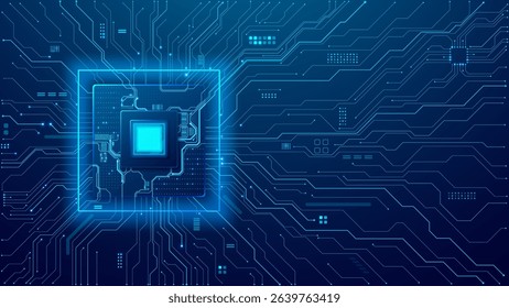 Abstract technology background with blue circuit board, semiconductor, and electronics components. AI chip with bright light core. Digital tech background. Vector illustration. Artificial Intelligence