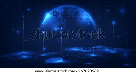 Abstract technology background with blue globe and glowing particle floating on hexagonal perspective floor.Vector illustrations