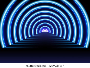 Abstract Technology Background Blue Glow Tunnel Perspectives and roads with glowing lines at the ends of lights illuminate the gradient background.