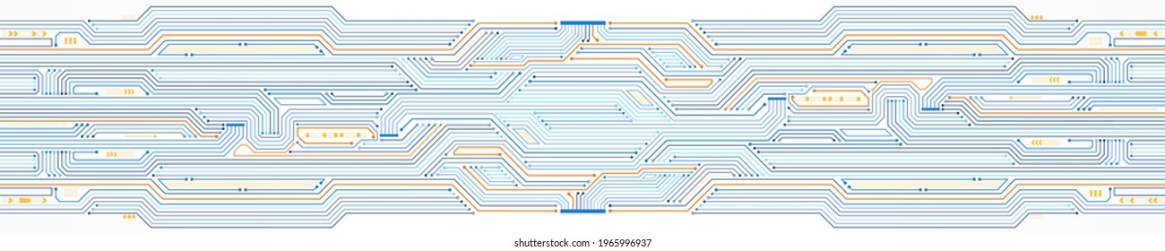 Abstract Technology Background, Blue And Orange Circuit Board Pattern, Microchip, Power Line