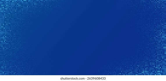 Abstract technology background with blue pixel pattern. Digital data with futuristic glittering dots for FinTech or Cryptocurrency backdrop. Tech pixels for online webinar. Vector illustration.
