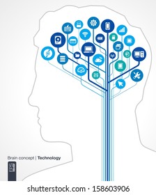 Abstract technology background. Brain concept (circuit) with silhouette of a human head and icons (mobile phone, network, computer, technology, usb, pad, router). Vector infographic illustration.