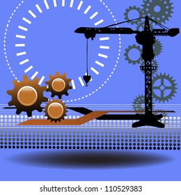 Abstract technology background with brown gears, black crane and various elements