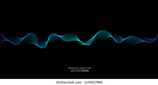 Abstract technology background by wave lines flowing green blue color isolated on black background for vector design elements in concept of technology , science, sound, music.