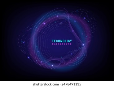 Abstract Technology Background Circle lines with freely moving dots and bright glowing dots. In the middle there is space to place text. On the back there is a circle of blue and purple light.